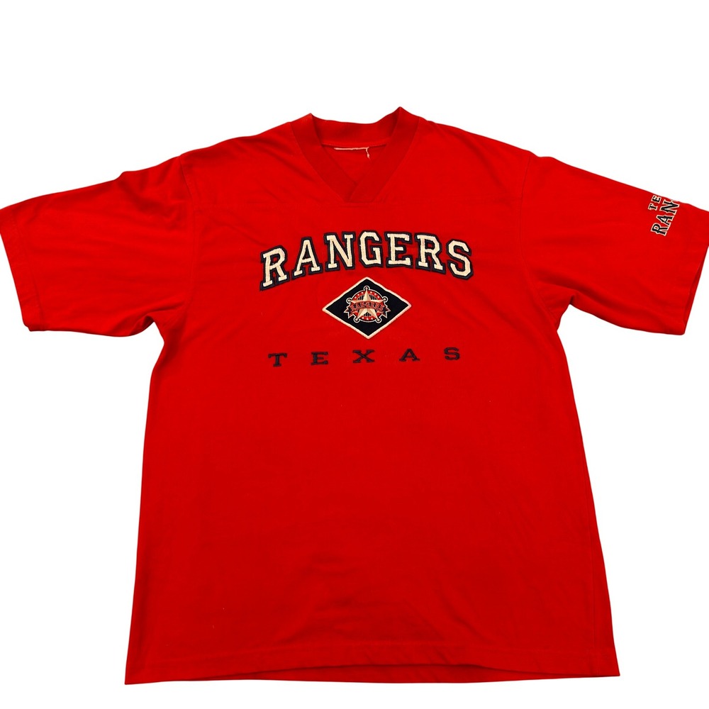 Texas Rangers MLB Baseball Embroidered V-Neck Shirt Red Short Sleeve Mens Medium